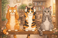 Three cats acting out see, hear, and speak no evil.