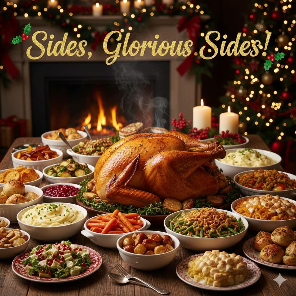 A beautiful Christmas table full od side dishes. The words, "Sides, Glorious Sides" overlayed on top.