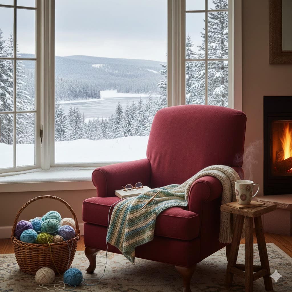 A room with a lit fireplace. A cozy arm chair with an,Afghan party finished on it.f There is a badket of yarn balls and a table with a mug of something hot. Outside the very large window is a winter scene.