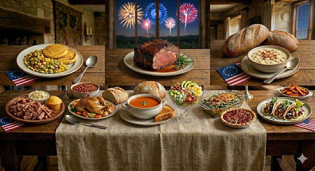 A panoramic collage celebrating historical American cuisine across six distinct eras, set against a rustic wooden dining table. The top panel features three distinct focal dishes: a plate of colonial succotash with cornbread, a juicy prime rib roast, and a hearty bowl of New England clam chowder with artisanal bread, framed by a window showing festive red, white, and blue fireworks illuminating the night sky. The main table below displays an abundant, non-repetitive patriotic feast, including pulled pork with coleslaw and cornbread muffins, a roasted chicken dinner, tomato soup with grilled cheese, a classic Cobb salad, baked beans, a green bean casserole, a pecan pie, and modern street tacos with sweet potato fries. Small historic American flags are subtly tucked under the plates, completing a warm, inviting, and celebratory timeline of American comfort food.