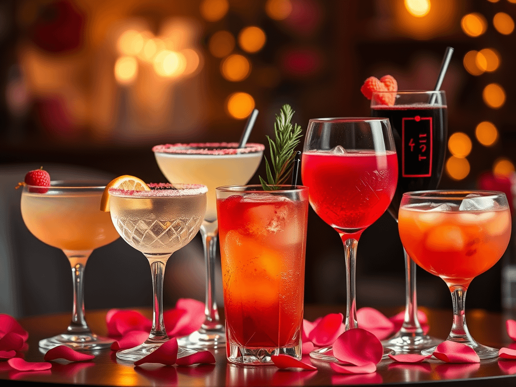 A grouping of different mocktails in different glasses. Very pretty and yummy looking.
