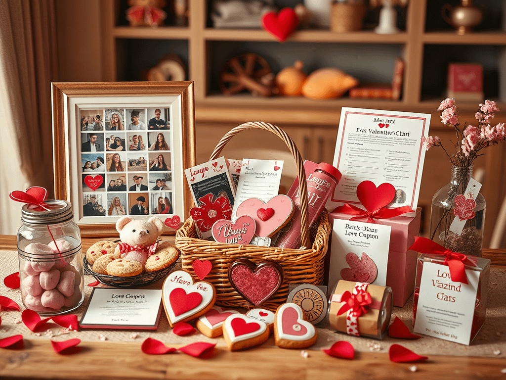 A picture of heart shaped cookie, a framed collage, gift basket of bath goodies, cards.