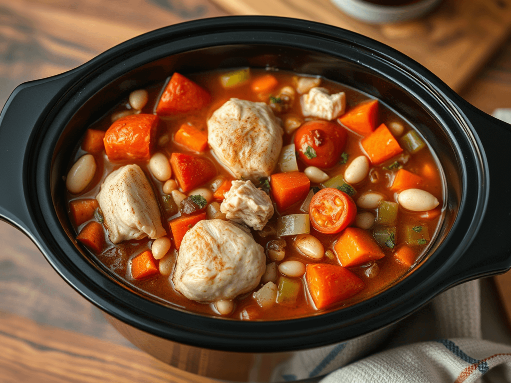 Slow cooker full of tadty looking chicken stew.