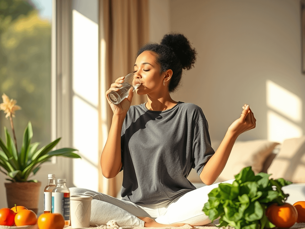 A pretty lady with her hair up, drinking water and looking like she is ready to get healthier!