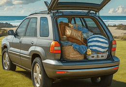 A cartoon SUV packed with beach stuff.