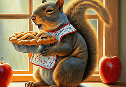 A squirrel wearing a bib near a window eating a pie.