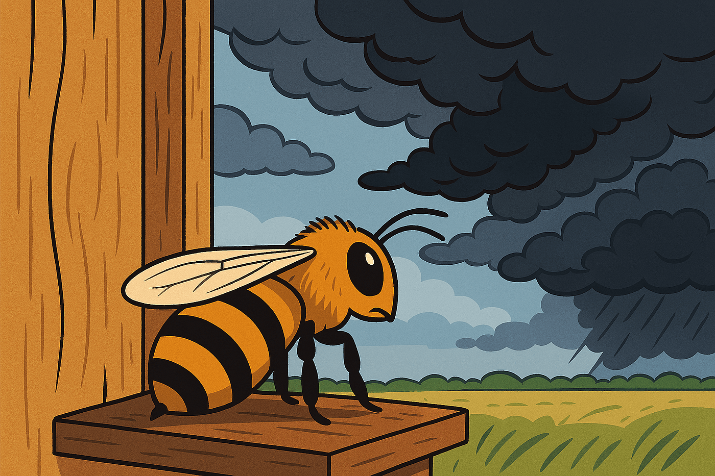 A bee looking out of a window. A storm is coming.