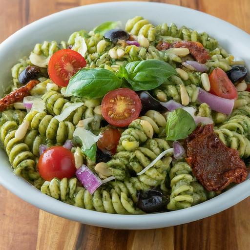 a bowl of pesto pasta salad