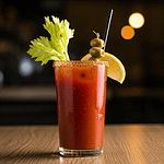 A glass with a virgin bloddy mary in it with olives, celary and a wedge.