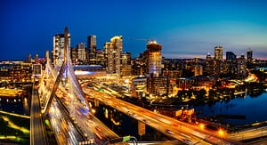 The Boston skyline at dusk.