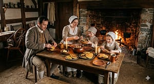 A family in 1776, dressed in their clothing, eating a common meal of the day.
