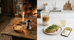 A 1776 dining scene on the left and a modern 2026 kitchen on the right. What a difference!!!