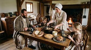 An 1826 family enjoying a delicious-looking meal.