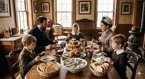 An 1876 family enjoying dinner together.