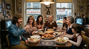 A family around the table in 1976. Look at those hairdo's!