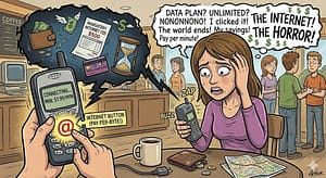 A woman panicking over pushing the "internet" button. It looks like her hubby may be in the background. Uh oh!!!
