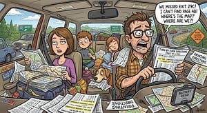 A frantic family in a car trying to decipher a map.