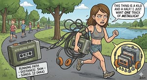 A girl jugging with a huge CD player