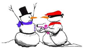 A snowman mugging another snowman with a hair dryer