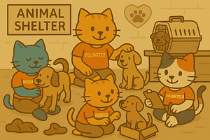 The cat family volunteering at an animal shelter taking care of puppies.