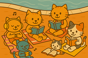 Cat family around a pool. Some are reading and some are listening to music.