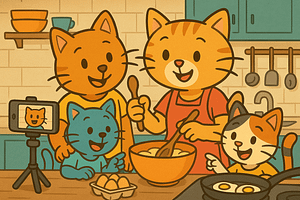 A family of cartoon cats making a cooking video. They have a cell phone on a stand.