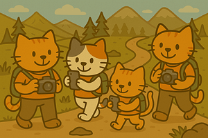 Cat family hiking in the woods taking pictures. The adults have cameras and the kids have cell phones.