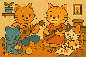 Cat family. Little girl kitty is crocheting. Little boy kitty is drawing. The mo and dad are playing guitars.