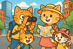 A cute cartoon of a family of cats walking around a city as tourists. The dad has a camera and the mom is reading a tour guide book.