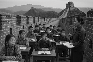 Chinese kids and a teacher on the Great wall of China.