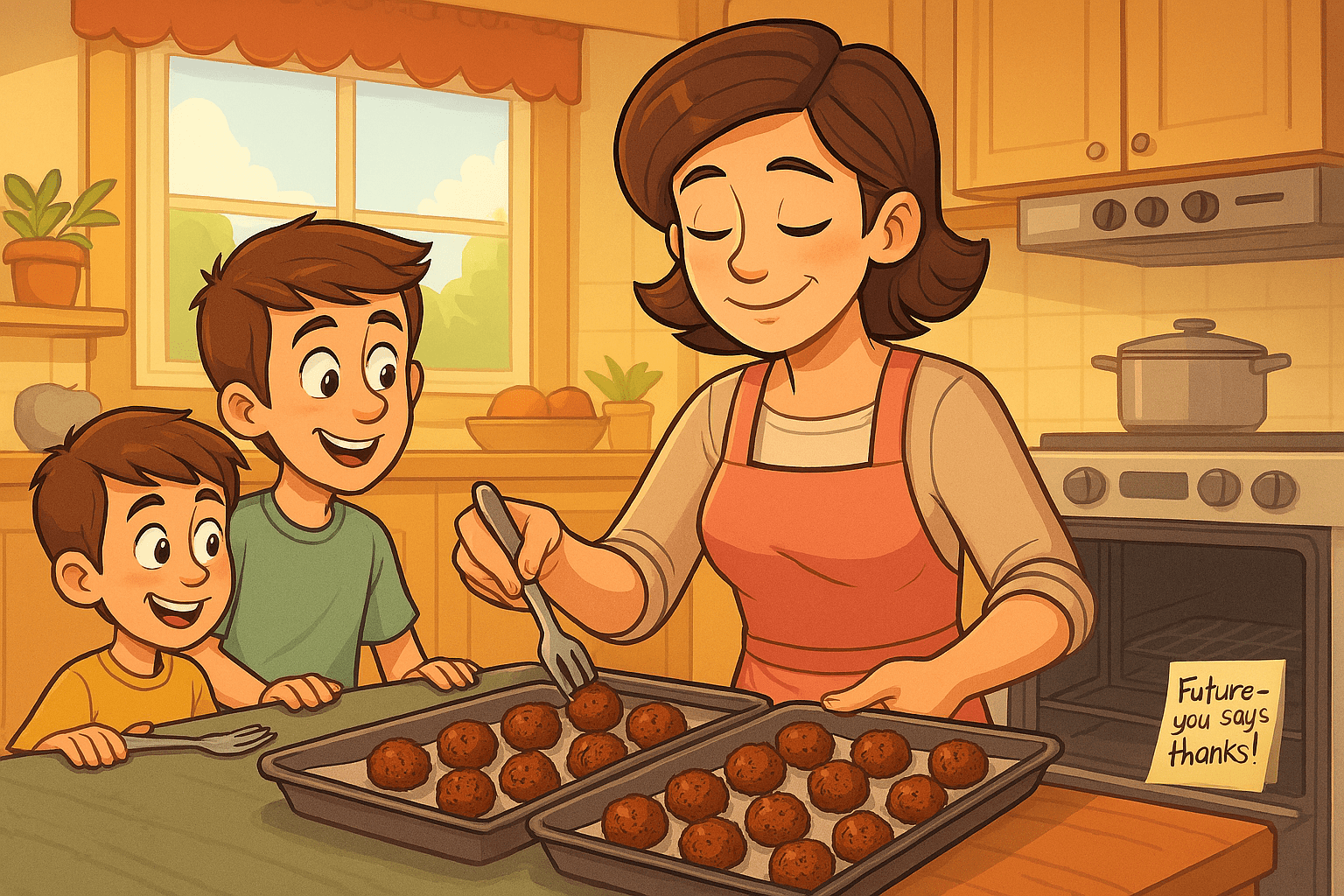 A lady making two trays of meatballs. Her kids are standing next to her.
