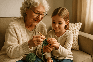 A loving Grandma teaching her granddaughter how to crochet.