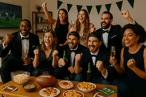 A very happy group of football fans watching the game. They are wearing formal wear. Tux's and black dress'. Using wine glasses for their drinks.