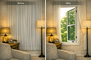 Before and After. The room looks so much more inviting and alive with the curtains open. You can almost smell the fresh air from the cracked window.