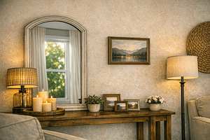 A room with a very harge rounded top mirror, artwork and a few collections in groups of three.