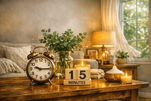 A cozy living room scene bathed in warm light. A vintage brass alarm clock shows 9:15 beside a small wooden block calendar reading “15 MINUTES.” A lit candle, glass vase of eucalyptus, and essential oil diffuser rest on a rustic wooden coffee table. In the background, a soft beige sofa, fluffy pillows, and a glowing lamp create a calm, refreshed atmosphere.