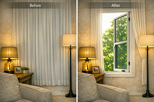 Before and After. The room looks so much more inviting and alive with the curtains open. You can almost smell the fresh air from the cracked window.