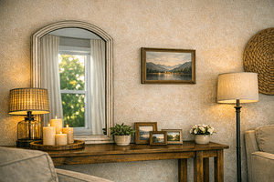 A room with a very harge rounded top mirror, artwork and a few collections in groups of three.