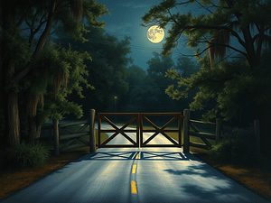 A windy moonlit road with a gate across it. Do you dare to open it?