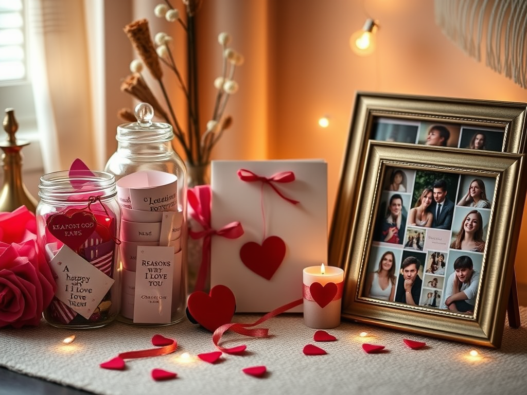 An image with a framed collage of picturees, cards, backets.