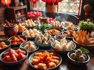 A table full of Lunar New year foods.
