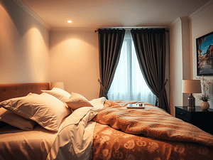 A comfy bed with blackout curtains on the wondow.