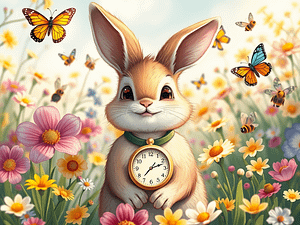 A bunny folding a clock. Flowers and a nice spring day.