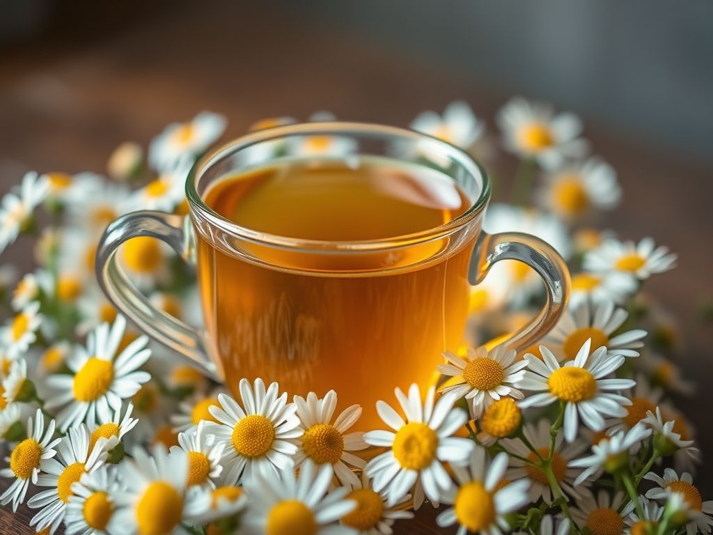 A clear glass cup of chamomile tea. Beautiful chamomile flowers around it.