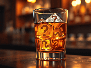 A glass of whishkey with question mark ice cubes