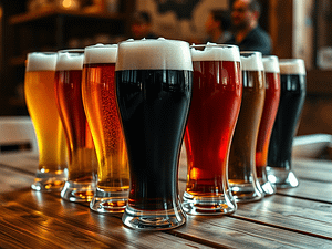A group of different beers in tall glasses