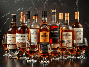 A grouping of whisky bottles and glasses.
