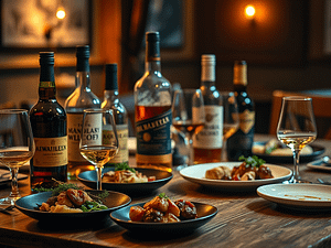 A groupoing of food plates, beer, and whiskey bottles.