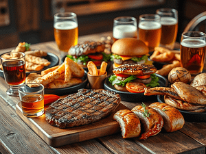 Plates of food such as steak, burgers and fish. Glasses of beer and whisheky.