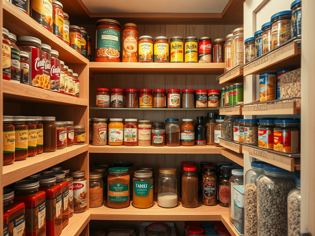 Well stocked shelves filled with pantry items